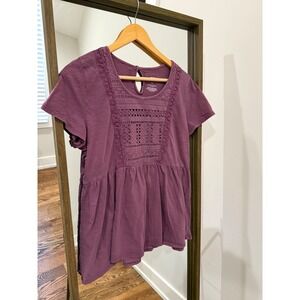 SONOMA Goods For Life Purple Cotton Boho crochet Peplum Tunic Top Women's Size L